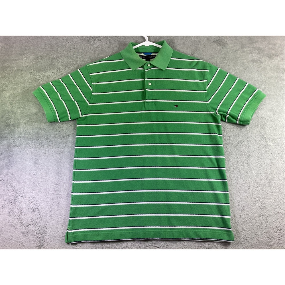 Tommy Hilfiger Shirt Adult Medium Polo Green Striped Preppy Golf Casual Cotton